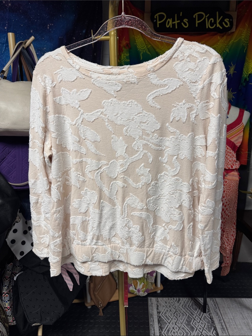 LOFT Blush and White Textured Crewneck Sweatshirt